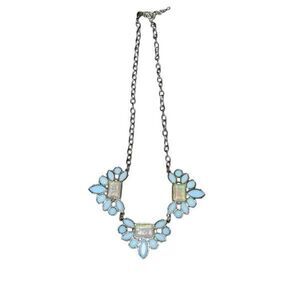 Opalescent Three Large Clusters Rhinestone Chain Statement Necklace Blue Gold To